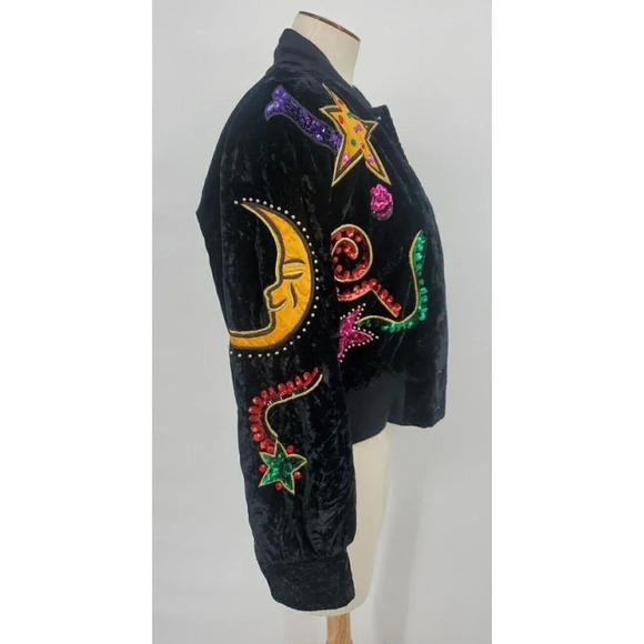 90's Escada Vintage Black Velvet Embellished Moon & Stars Bomber Jacket Size 36 - Picture 4 of 15